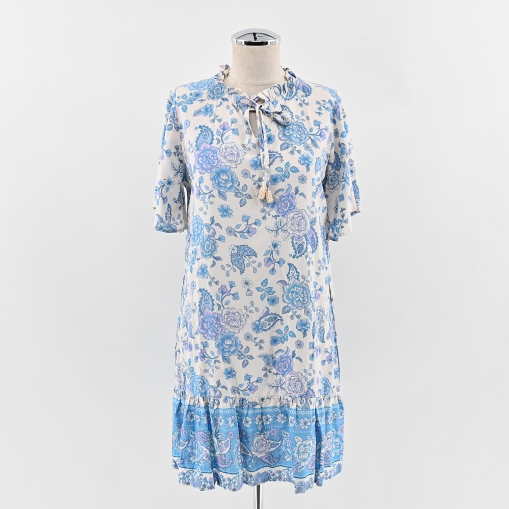 Walker Wade Dress Womens Sz XS Blue Purple Floral Ruffle Neck Shift Mini Cottage